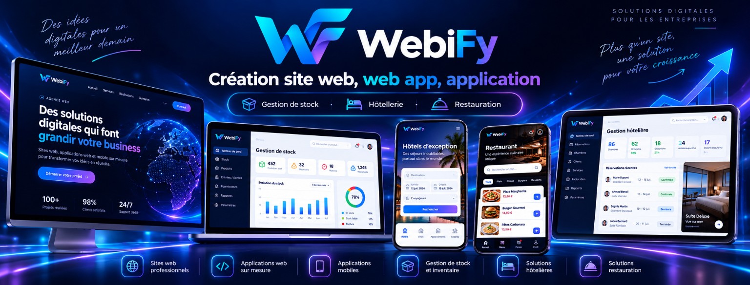 L’univers WebiFy : sites web, gestion de stock, hôtellerie, restauration et applications